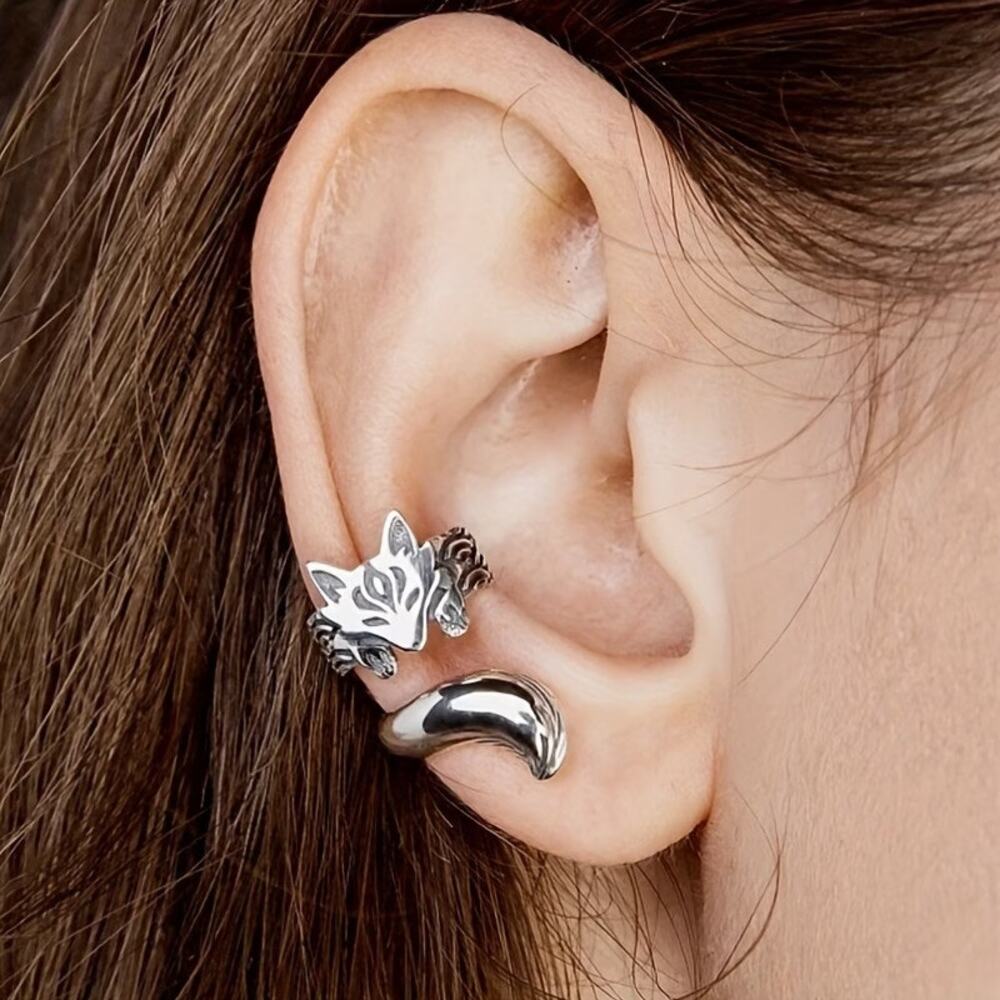 Pair of Silver Tone Japanese Fox Wrap Ear Cuff Earrings Ear Climbers No Piercing